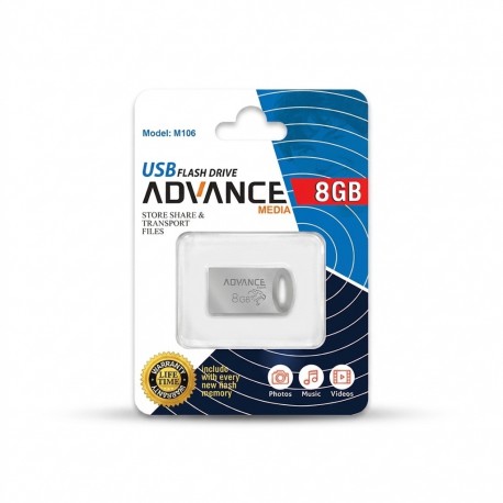 فلش مموری 8 گیگابایت ادونس مدل M-106 با رابط USB 2.0 Type-A، بدنه فلزی و طراحی بندانگشتی با بند آویز