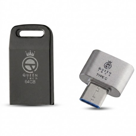 فلش مموری 64 گیگابایت کوئین تک مدل UNIQUE C-PLUS با بدنه فلزی و مبدل USB-C OTG