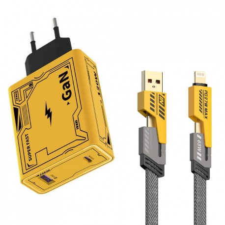 شارژر دیواری 120 وات مدل HX111-A+C به همراه کابل تبدیل USB / USB-C به لایتنینگ / USB-C